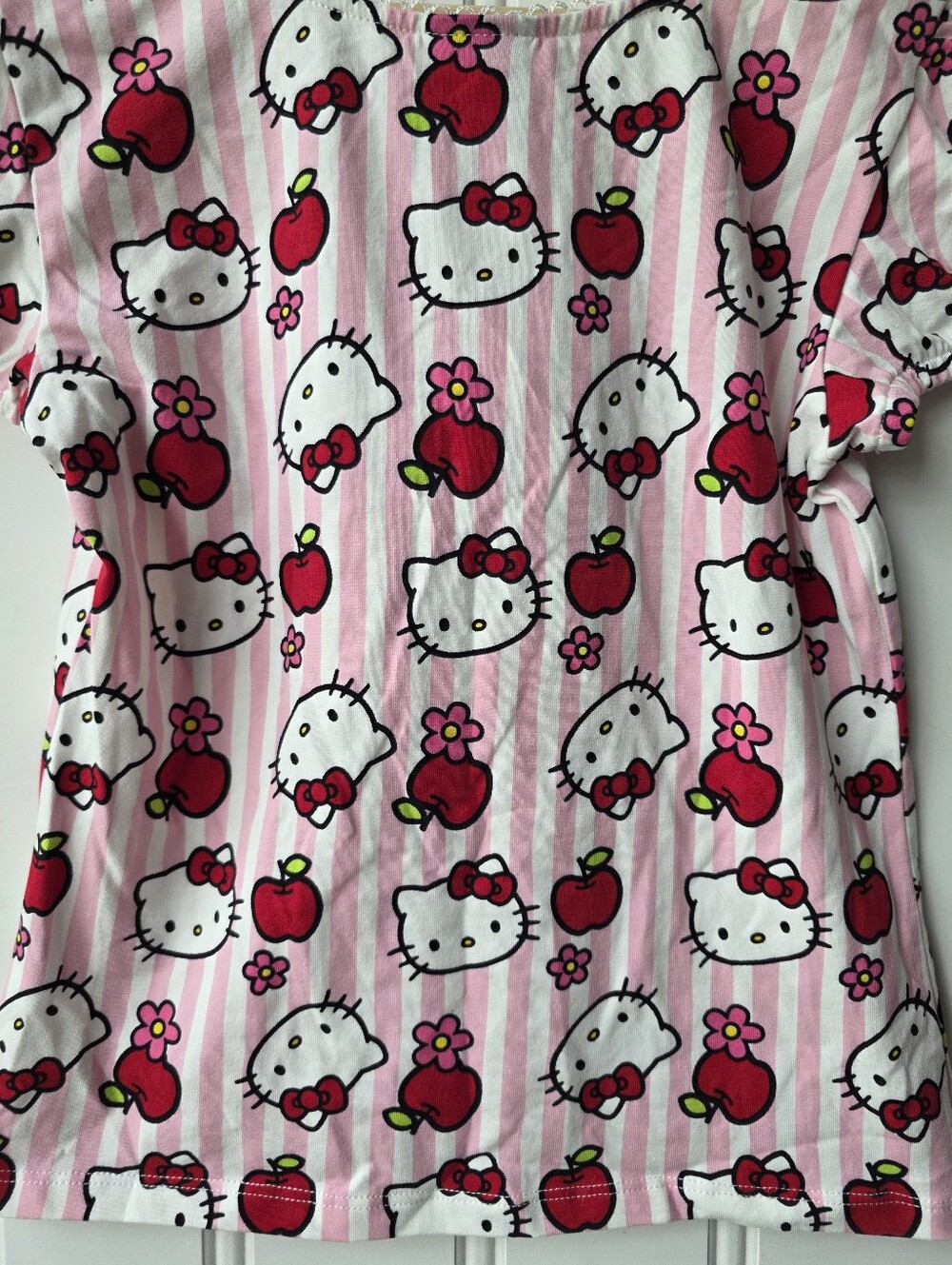 Hot Topic Hello Kitty Sanrio Y2K Pink Striped Blouse Top Apples Small Medium - Picture 10 of 11